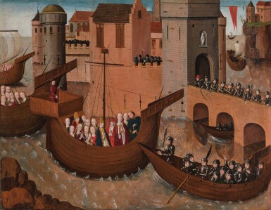 View full screen - View 1 of Lot 306. Saint Ursula and the Eleven Thousand Virgins Returning to Cologne (recto); Saints Catherine of Alexandria and Two Ecclesiastics (verso).