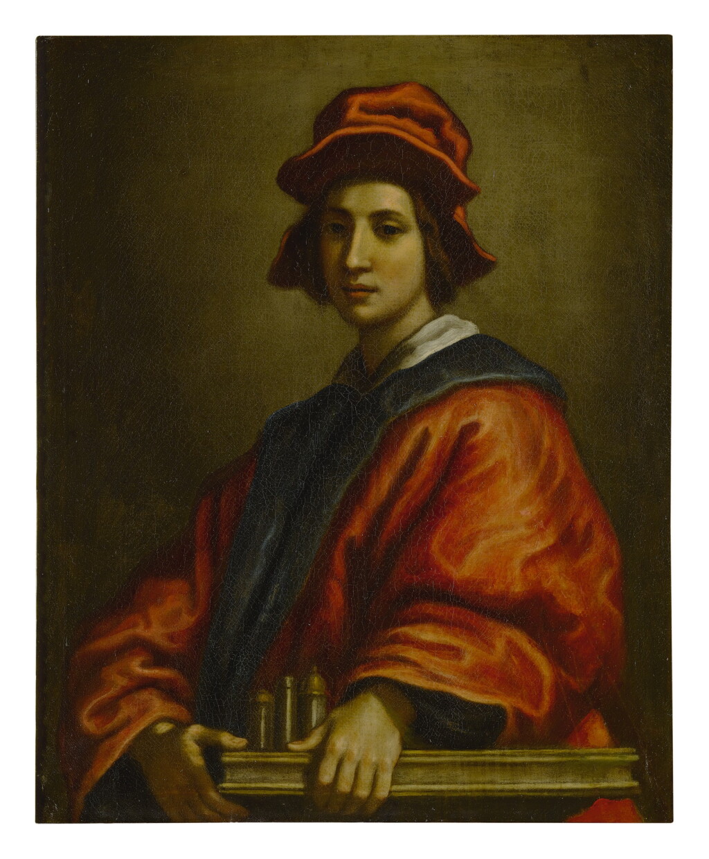 全螢幕檢視 - 查看16Sold Without Reserve | FRANCESCO CURRADI | PORTRAIT OF A YOUNG MAN, POSSIBLY AN ARCHITECT, HALF LENGTH, WEARING A RED HAT AND ROBE的1