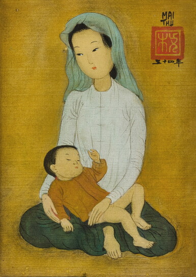 View full screen - View 1 of Lot 6108. Mai Trung Thu 枚中栨 (梅忠恕) | Mère et enfant, voile bleu 母與子,藍色圍巾.