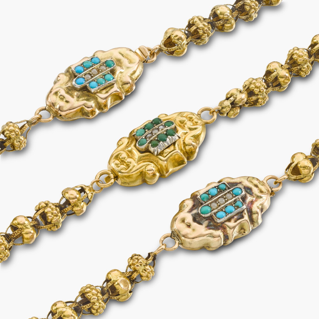 View full screen - View 1 of Lot 172. Pair of Turquoise and Gold Chains.