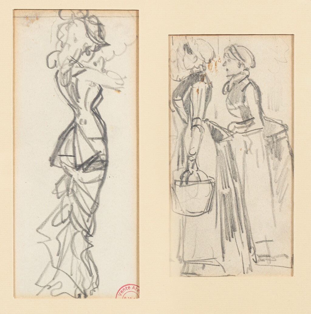 View full screen - View 1 of Lot 98. An elegant woman smocking; Two women in profile | Jeune élégante fumant ; Deux femmes de profil.