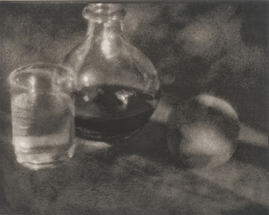 View full screen - View 1 of Lot 22. Wine Bottle, Water Glass, and Apple.