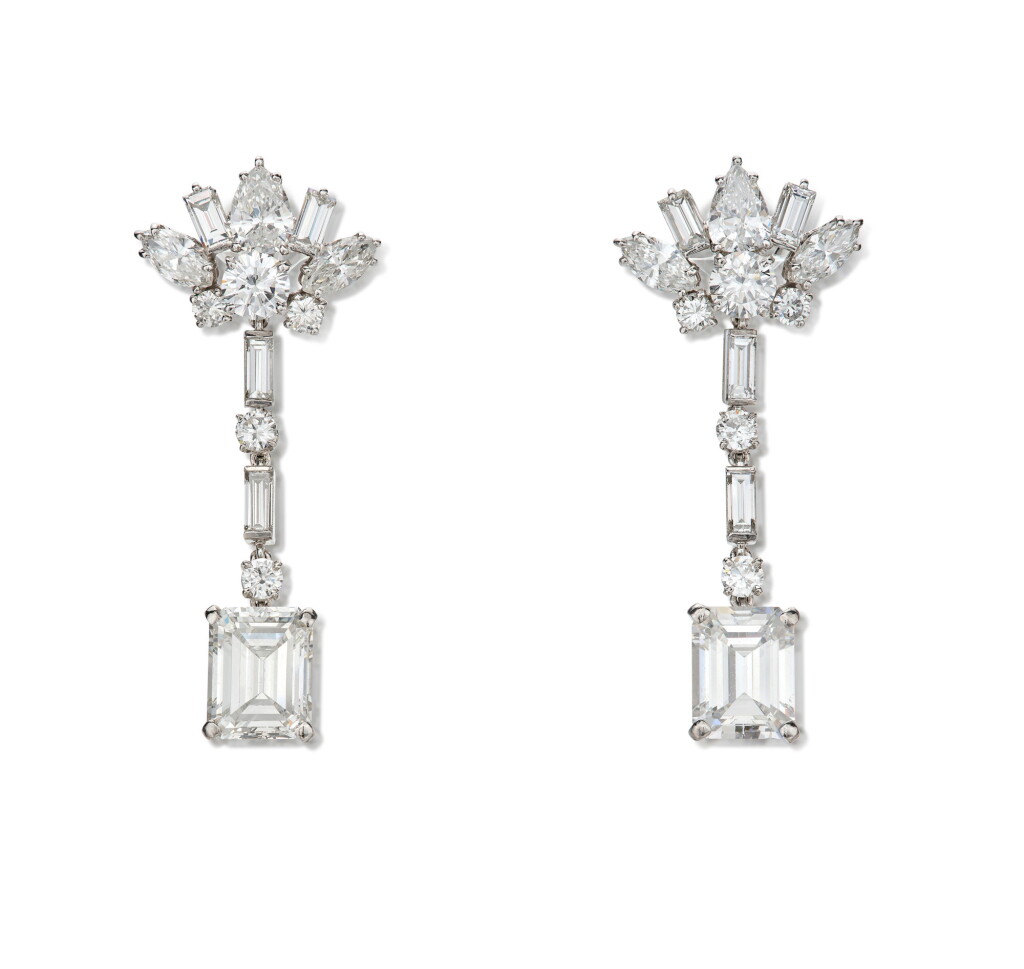 View full screen - View 1 of Lot 116. Pair of Diamond Pendant-Earclips, France 鑽石耳墜一對,法國.