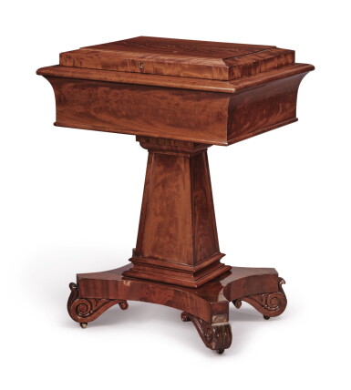 View full screen - View 1 of Lot 130. Classical Carved and Figured Mahogany Work Table, Attributed to the shop of Isaac Vose and Son, Boston, Massachusetts, circa 1819-1823.