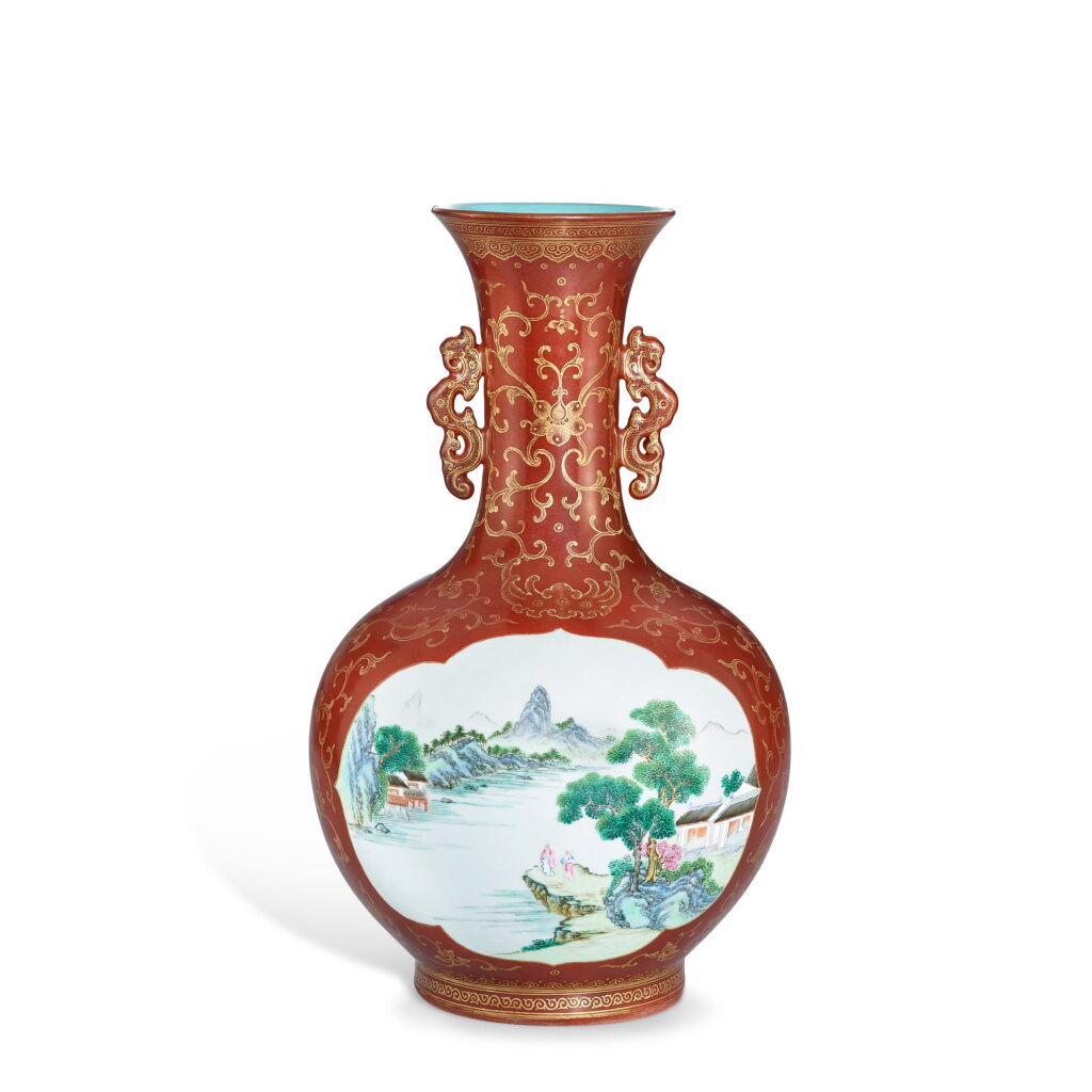 View full screen - View 1 of Lot 450. A gilt-decorated café-au-lait ground famille-rose dragon-handled vase, Seal mark and period of Qianlong 清乾隆 醬地描金粉彩開光山水圖龍耳瓶 《大清乾隆年製》款.
