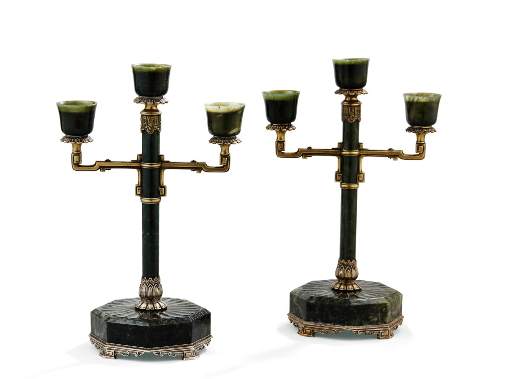 View full screen - View 1 of Lot 37. A PAIR OF JADE SILVER-MOUNTED THREE-LIGHT CANDELABRA, YAMANAKA, JAPAN, CIRCA 1920 | PAIRE DE CHANDELIERS À TROIS LUMIÈRES EN JADE MONTÉ EN VERMEIL PAR YAMANAKA, JAPON, VERS 1920 .