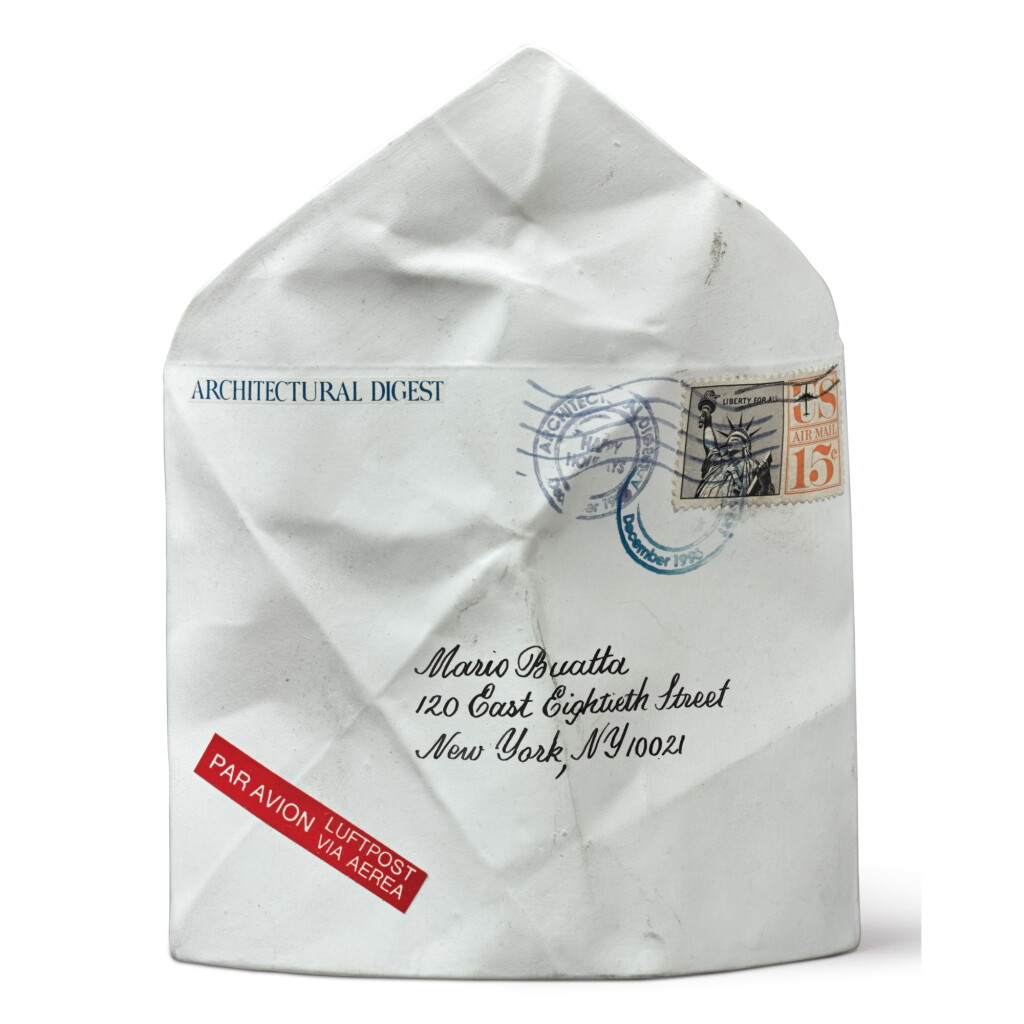 View full screen - View 1 of Lot 2. A PORCELAIN TROMPE L'OEIL ENVELOPE ADDRESSED TO MARIO BUATTA FROM ARCHITECTURAL DIGEST, DATED DECEMBER 1996.