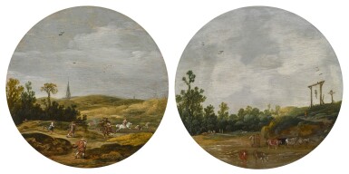 View full screen - View 1 of Lot 138. Landscape with an ambush on a country road in the dunes; and Landscape with a cowherd watering his cattle.