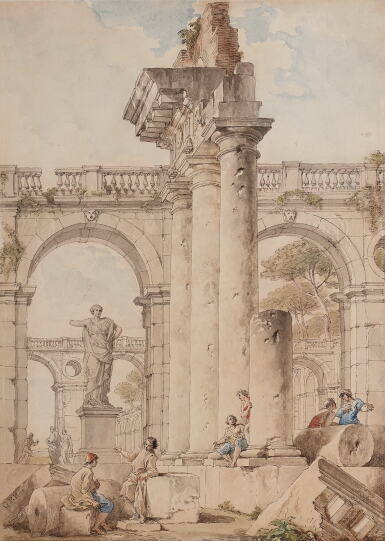 View full screen - View 1 of Lot 253. Architectural Capriccio with Figures among Classical Ruins.