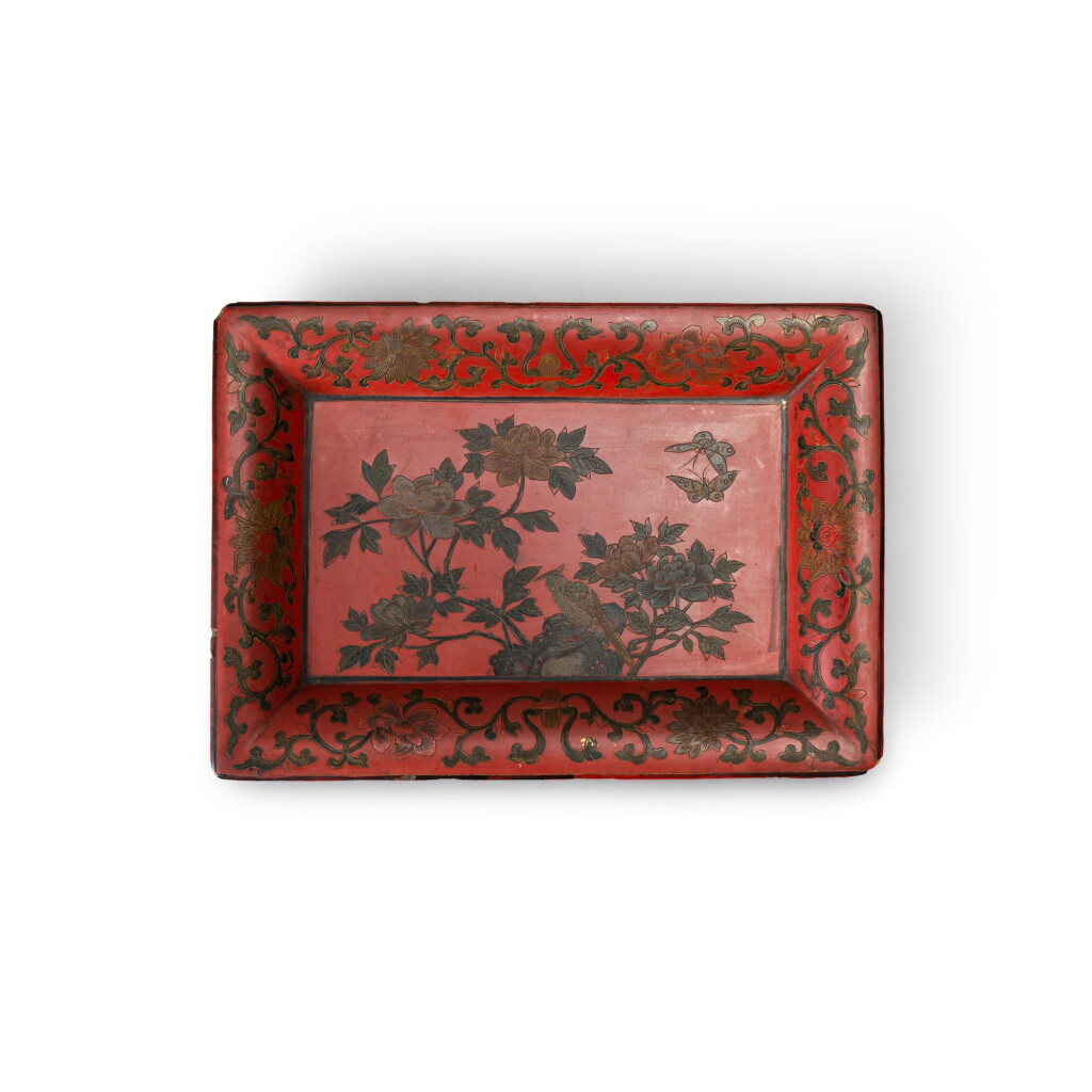 View full screen - View 1 of Lot 197. A small painted red lacquer rectangular tray, Qing dynasty, late 19th century | 清十九世紀末 朱漆彩繪蝶戀花紋小長方盤.
