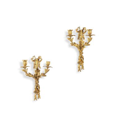 View full screen - View 1 of Lot 171. A pair of Louis XVI gilt-bronze two-light wall appliques, circa 1775.