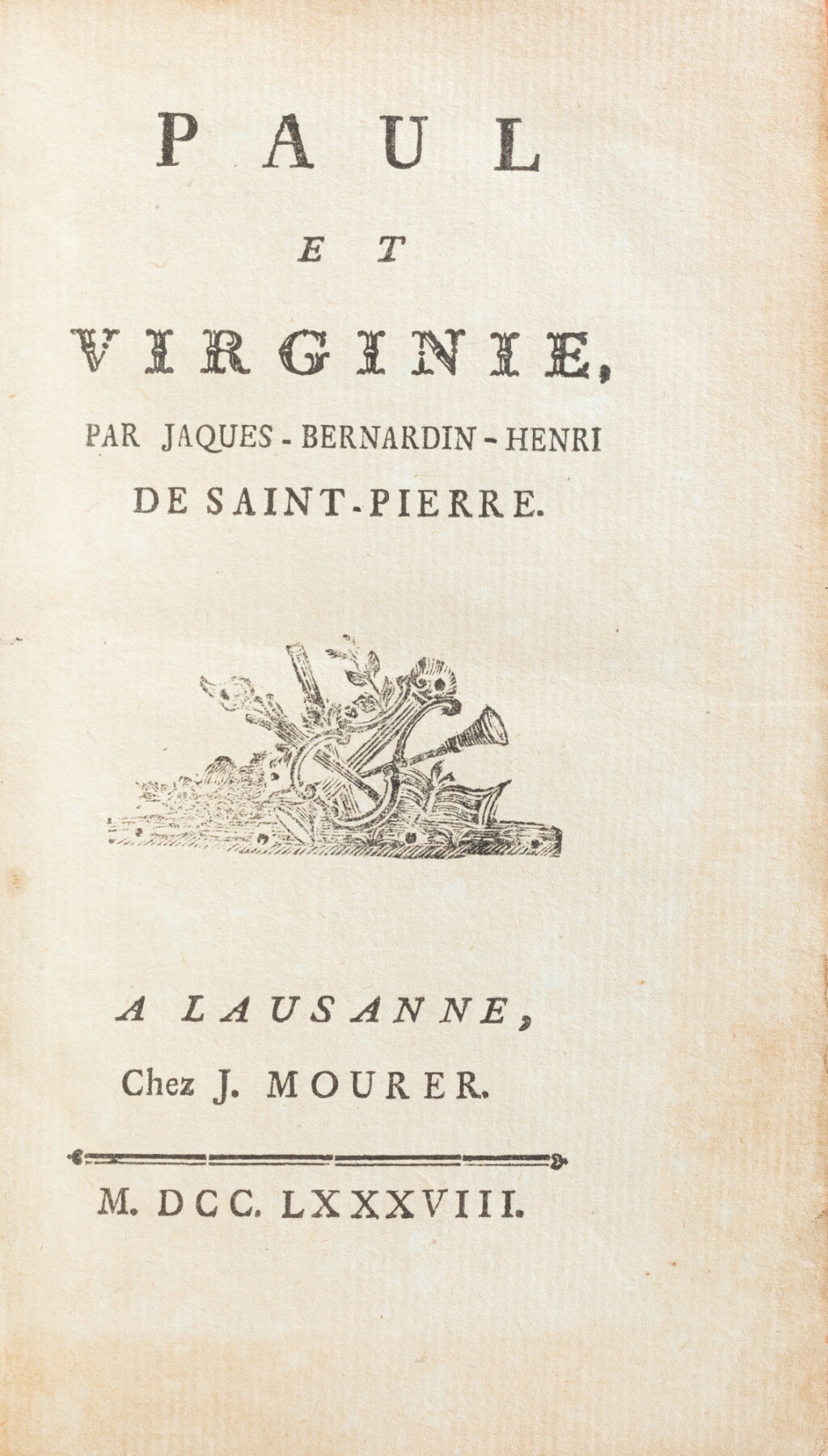 View full screen - View 1 of Lot 29. Paul et Virginie. Lausanne, 1788. De la bibliothèque de Tristan Bernard. On joint un exemplaire du "Voyage sentimental" de Laurence Sterne, en édition bilingue (Didot Jeune, 1799)...