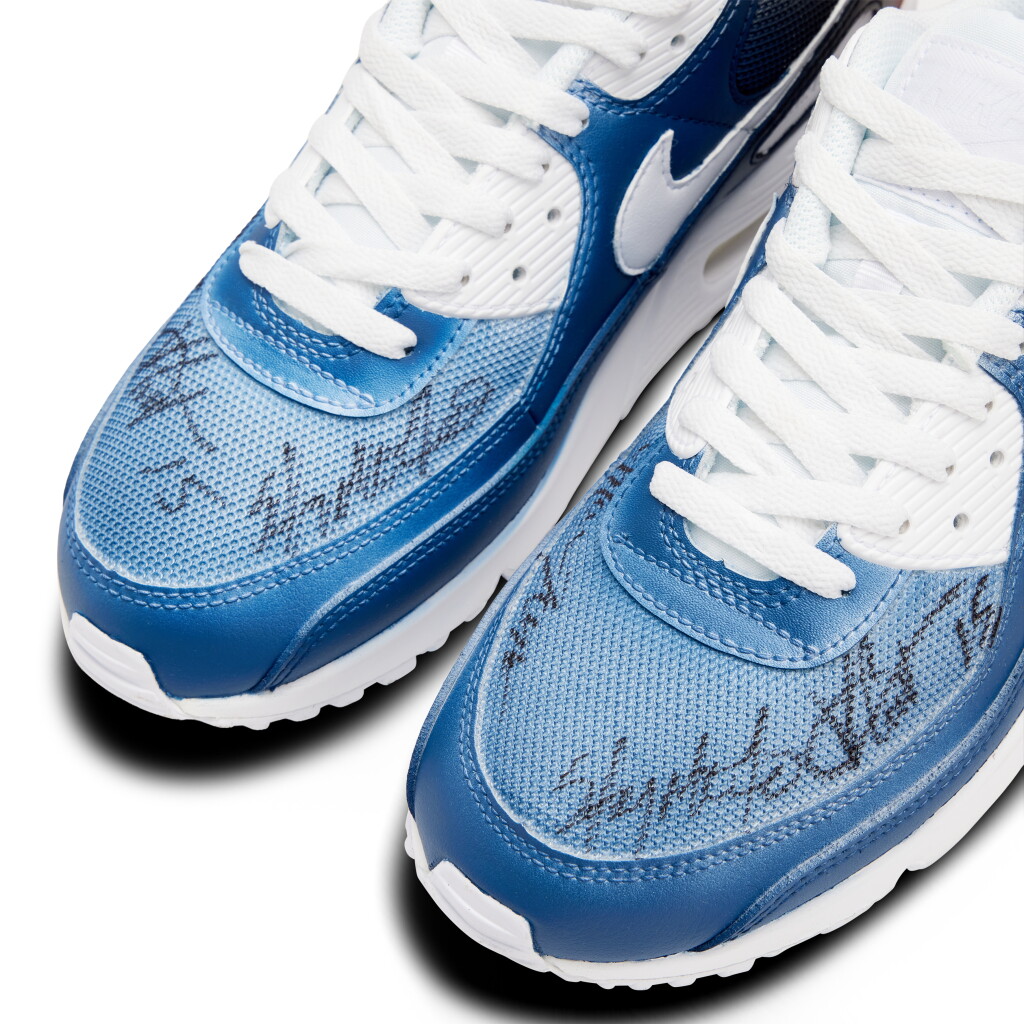 View full screen - View 1 of Lot 16. NBA Showtime: NBA on NBC Crew Signed Custom Air Max 90s | To The Max Foundation | Signed by Carmelo Anthony, Vince Carter, Tracy McGrady, and Maria Taylor.