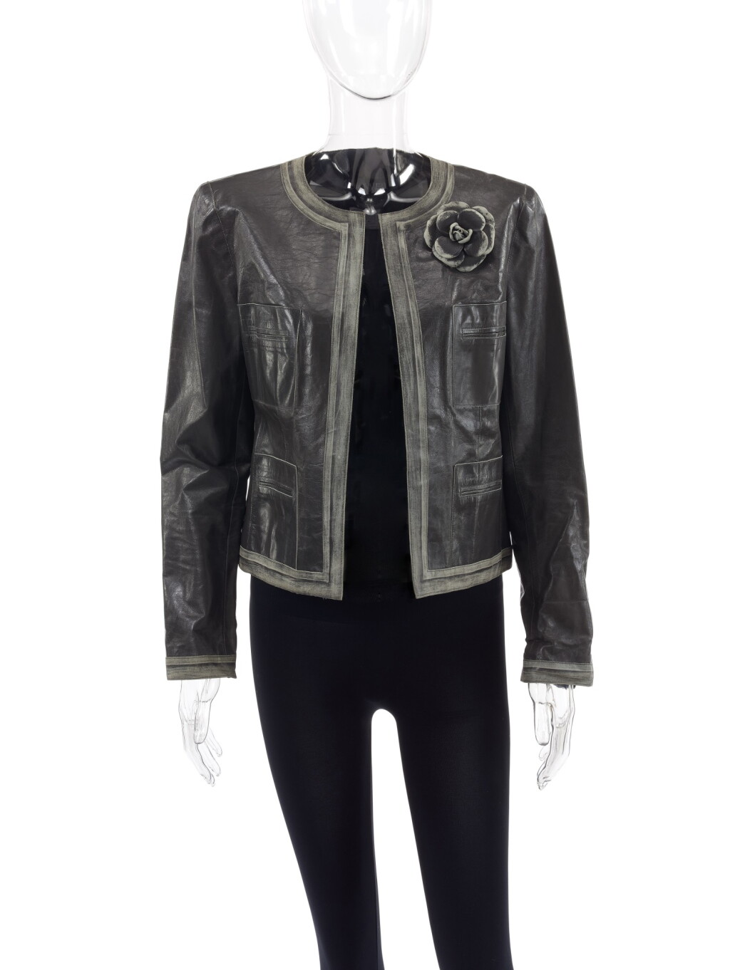 View full screen - View 1 of Lot 87. CHANEL | GREY LEATHER JACKET WITH CAMELLIA BROOCH .