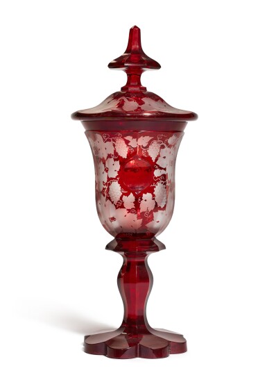 View full screen - View 1 of Lot 172. A Bohemian ruby-stained and engraved glass large goblet and cover, late 19th century.