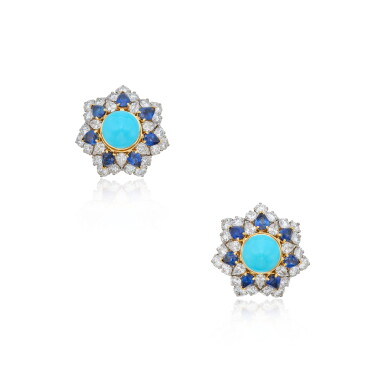 View full screen - View 1 of Lot 206. Pair of Turquoise, Sapphire and Diamond Earclips.