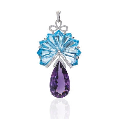 View full screen - View 1 of Lot 10. AMETHYST, BLUE TOPAZ AND DIAMOND PENDANT, MICHELE DELLA VALLE.