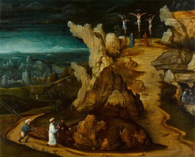 View full screen - View 1 of Lot 113. An extensive rocky landscape with the Crucifixion at Calvary.