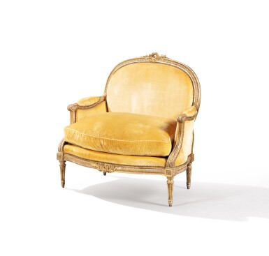 View full screen - View 1 of Lot 106. A gilt walnut marquise, Louis XVI, stamped I. B. LELARGE circa 1780 | Marquise à la reine en noyer doré d'époque Louis XVI estampillée I.B. LELARGE, vers 1780.