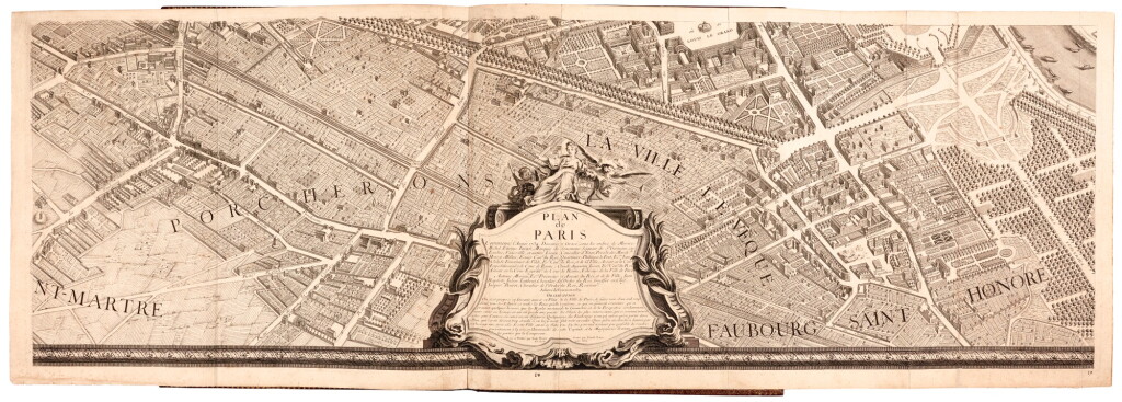View full screen - View 1 of Lot 302. Turgot. Plan de Paris. 1739, folio, red morocco with arms of the city of Paris. A fine example.