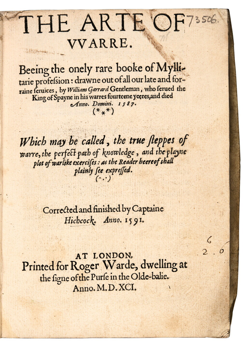 View full screen - View 1 of Lot 207. Garrard, The Arte of Warre, London, 1591, vellum.