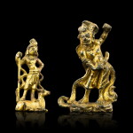 Two gilt-bronze figures Tang dynasty | 唐 鎏金銅袖珍立像兩尊