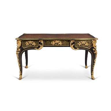 View full screen - View 1 of Lot 127. A Louis XV brass and ebony 'Boulle' marquetry bureau plat, circa 1730-40 and later.