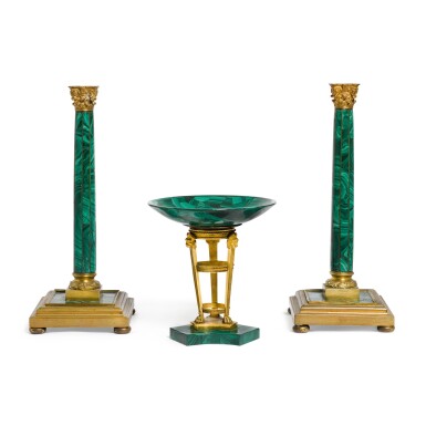 View full screen - View 1 of Lot 53. An assembled neo-classical style Russian gilt-bronze and malachite three-piece garniture 19th century.
