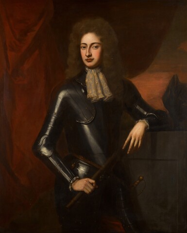 View full screen - View 1 of Lot 39. Portrait of James Fitzjames, 1st Duke of Berwick (1670–1734), three-quarter-length, wearing a suit of armour, a white jabot and holding a baton.