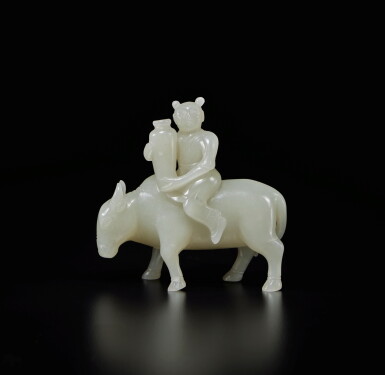 View full screen - View 1 of Lot 453. A pale green jade 'boy and buffalo' group, Qing dynasty | 清 青白玉童子牧牛擺件.