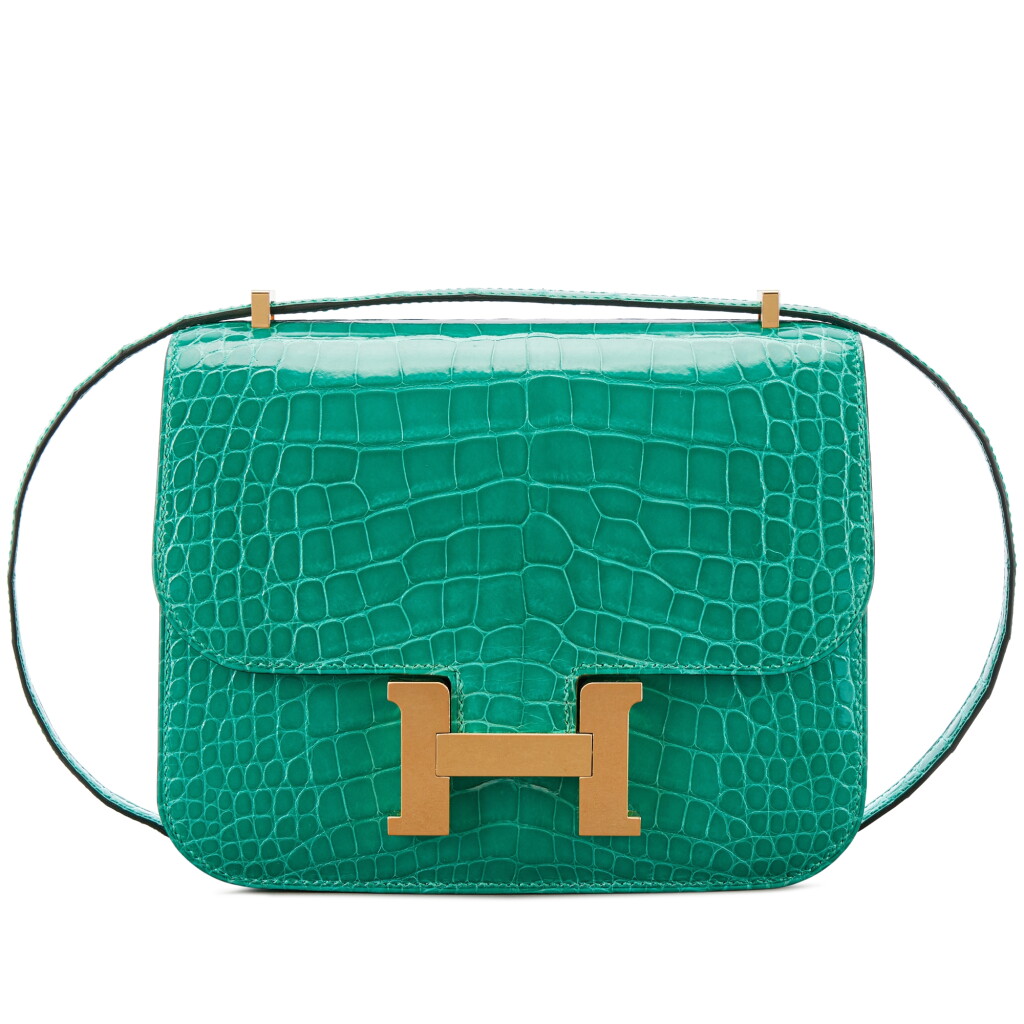 View full screen - View 1 of Lot 597. Vert Jade Shiny Mississippiensis Alligator Mini Constance 18 Gold Hardware, 2022.