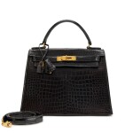 Vintage Black Shiny Crocodile Kelly 28 Sellier Gold Hardware, 1973