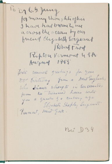 View full screen - View 1 of Lot 1193. Frost, Robert | An interesting association copy, inscribed to Carl Jung.