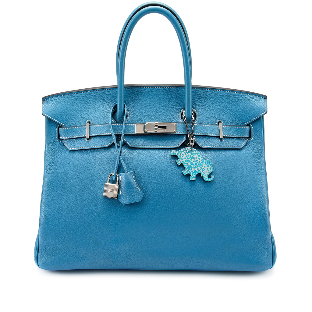 View full screen - View 1 of Lot 7726. Bleu Jean Clemence Birkin 35 Palladium Hardware, 2008 and Elephant Bag Charm.