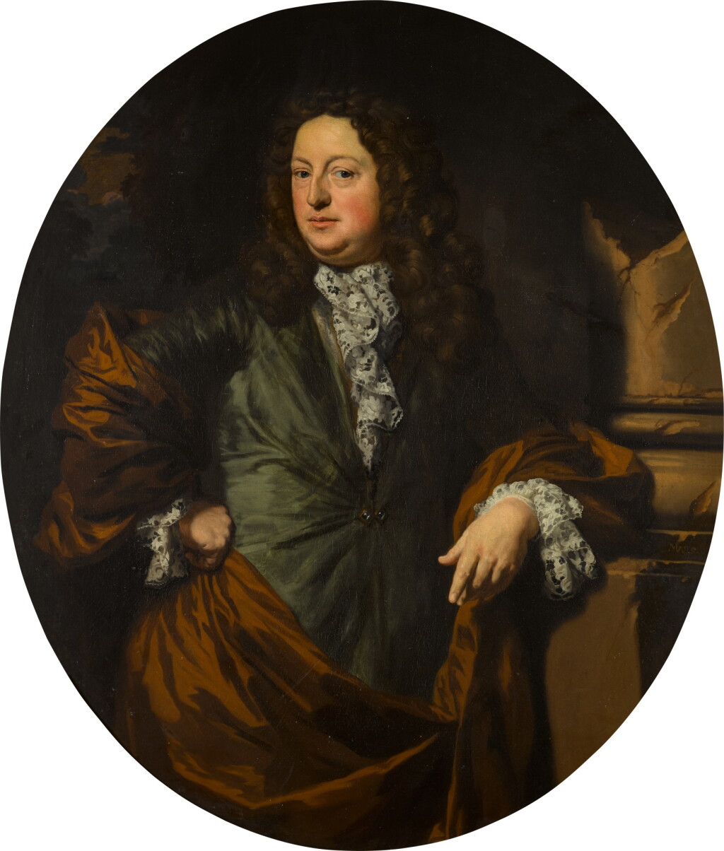 View full screen - View 1 of Lot 446. Portrait of Jean Baptist Everard de Borchgrave (1613–1684), three-quarter-length, wearing a green jacket with a white ruff and yellow drape, leaning on a broken column.
