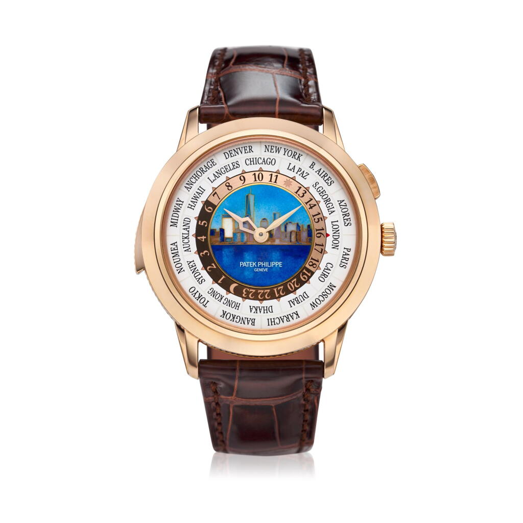 View full screen - View 1 of Lot 148. Reference 5531R-010 World Time Minute Repeater, An impressive and rare pink gold minute repeating world time wristwatch with miniature cloisonné enamel dial depicting the Manhattan skyline, Circa 2017 百達翡麗 5531R-010 型號 World Time Minute Repeater 罕有粉紅金三問世界時間腕錶配迷你掐絲琺瑯錶盤,錶盤繪曼哈頓海岸線風景,約2017年製.