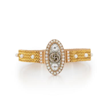 View full screen - View 1 of Lot 24. A Swiss yellow gold, diamond and pearl-set bracelet watch with visible balance, circa 1880 | Armbanduhr aus Gelbgold, Diamanten und mit Perlen besetzt, mit sichtbarer Hemmung, Schweiz, circa 1880.