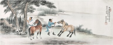 View full screen - View 1 of Lot 2526. 溥僩 圉人牽馬圖 | Pu Xian, Horses and Grooms.