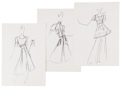 View full screen - View 1 of Lot 63. Three original sketches on paper | Trois croquis de mode originaux.
