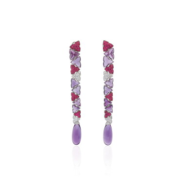 View full screen - View 1 of Lot 26. PAIR OF AMETHYST, RUBY AND DIAMOND EARRINGS, MICHELE DELLA VALLE.