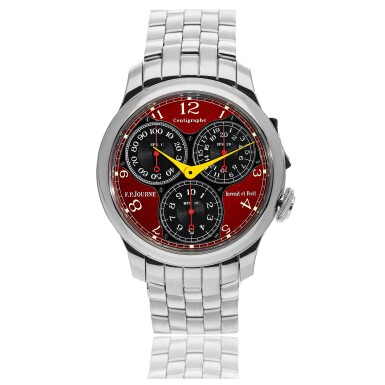 View full screen - View 1 of Lot 302. F.P. JOURNE | CENTIGRAPHE SOUVERAIN FERRARI, A LIMITED EDITION CHRONOGRAPH WRISTWATCH WITH 100TH OF A SECOND, 20 SECOND AND 10 MINUTE REGISTERS, ERGONOMIC BUTTONS AND BRACELET CIRCA 2015.