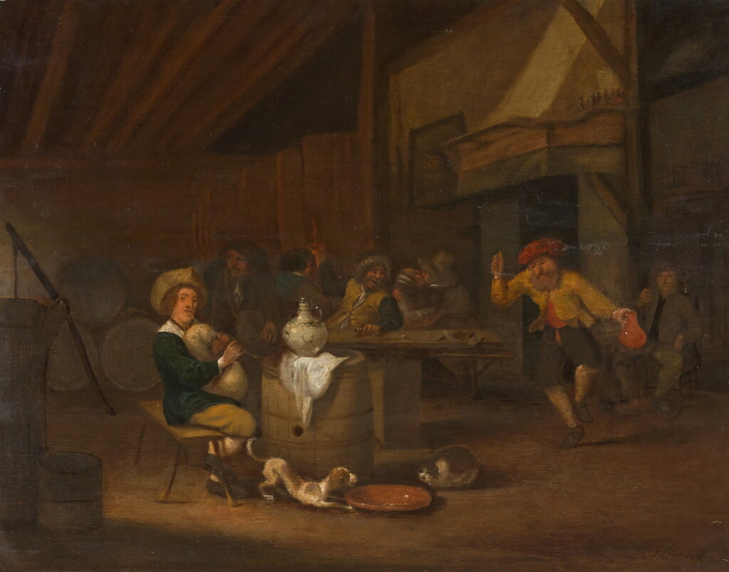 View full screen - View 1 of Lot 14. HENDRICK BOGAERT | A tavern interior with peasants gathered around a table.