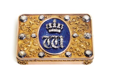 View full screen - View 1 of Lot 127. A JEWELLED GOLD AND ENAMEL ROYAL PRESENTATION SNUFF BOX, PROBABLY HANAU, CIRCA 1845.