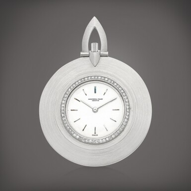 View full screen - View 1 of Lot 892. A white gold and diamond-set openface keyless watch, Circa 1970 | 愛彼 | 白金鑲鑽石懷錶,約1970年製.