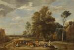 Village landscape with herdsmen, a milkmaid, cattle, sheep and a dog, a city beyond