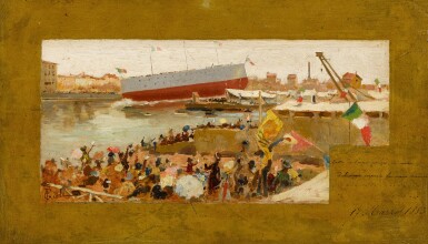 View full screen - View 1 of Lot 374. The launch of the Italian battleship, Lepanto, in Livorno, on 17 March 1883.
