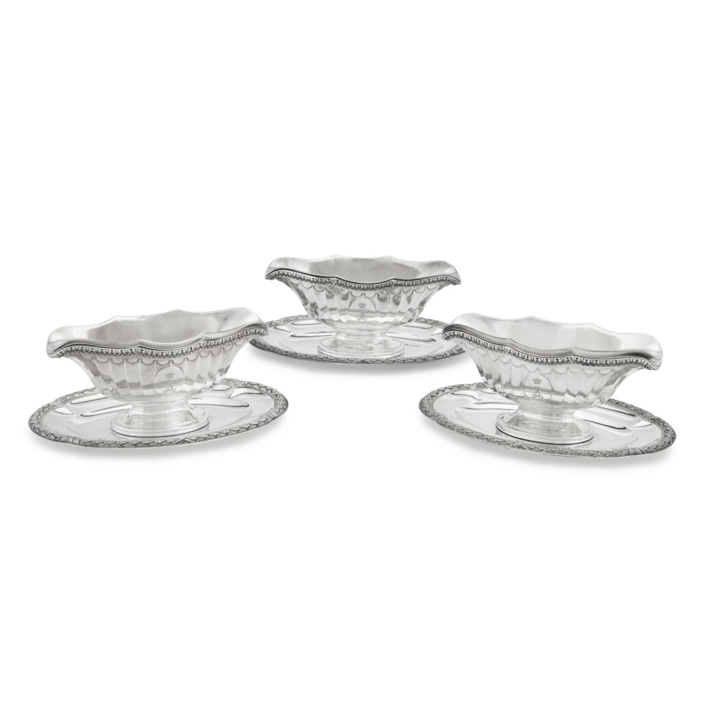 View full screen - View 1 of Lot 6. King Leopold III: A set of three Belgian silver sauce boats, Lemaire & de Vernisy, Brussels, early 20th century.
