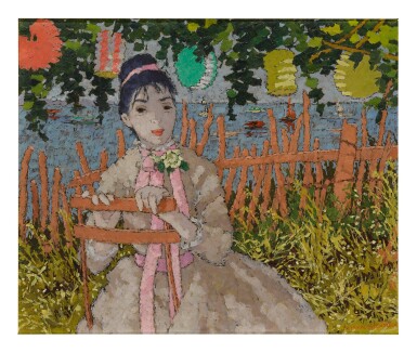 View full screen - View 1 of Lot 11. SUZANNE EISENDIECK | FEMME EN ROSE DANS UN JARDIN PRÈS DE LA PLAGE.