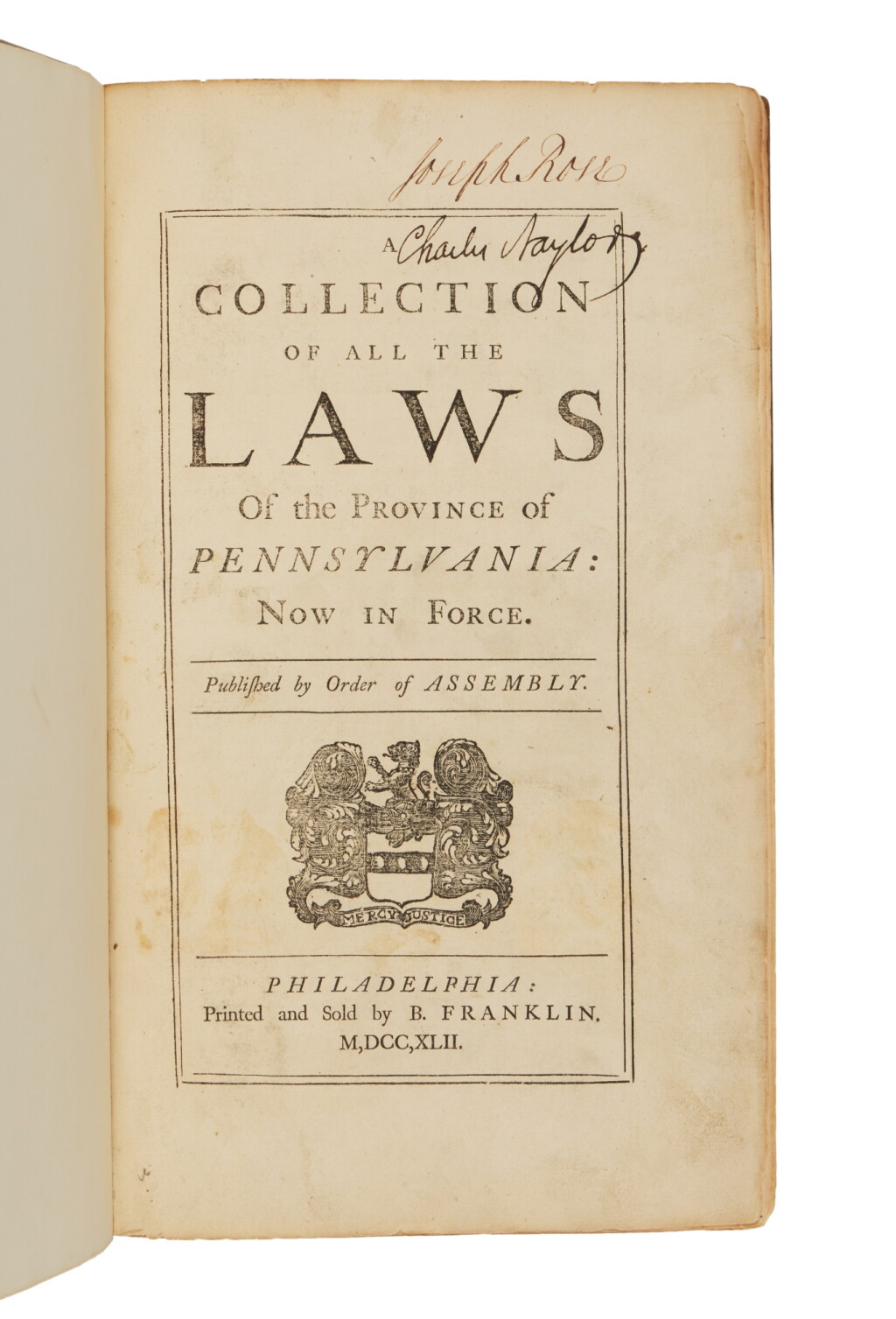 View full screen - View 1 of Lot 1044. Franklin, Benjamin | A Collection of Laws of Pennsylvania, first edition.