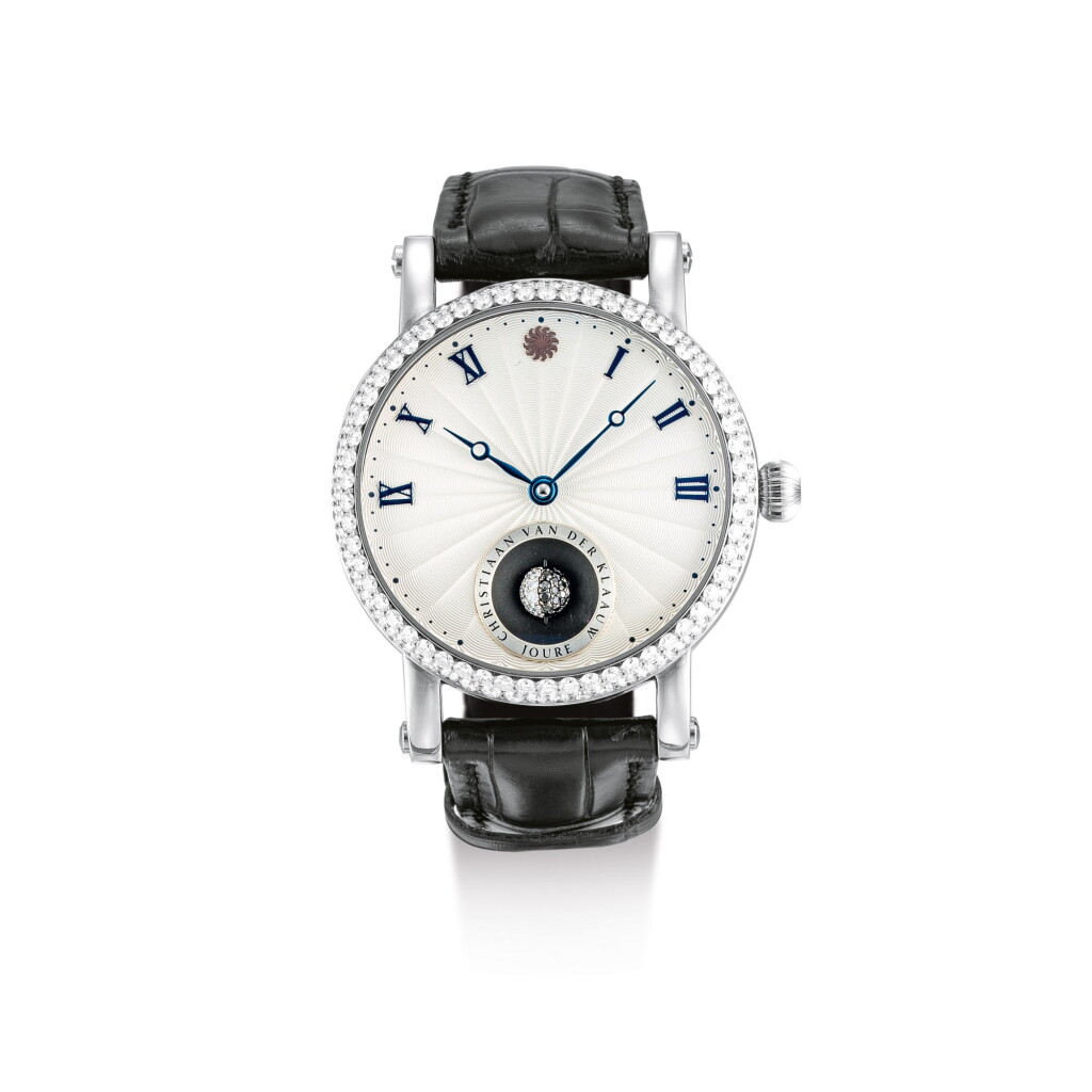 View full screen - View 1 of Lot 2072. CHRISTIAN VAN DER KLAAUW | JOURE, A WHITE GOLD AND DIAMOND-SET WRISTWATCH WITH MOON PHASES, CIRCA 2010 | "Joure 白金鑲鑽石腕錶,備月相顯示,約2010年製".